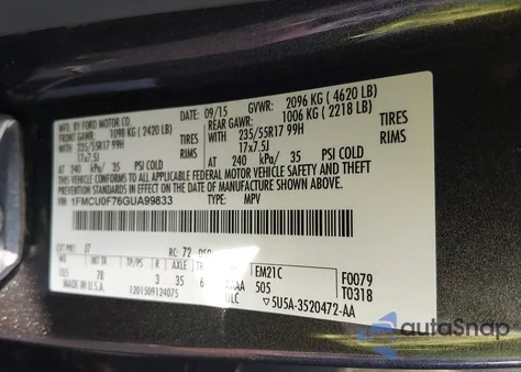 2016 Ford Escape S из США, поврежденный, VIN 1FMCU0F76GUA99833